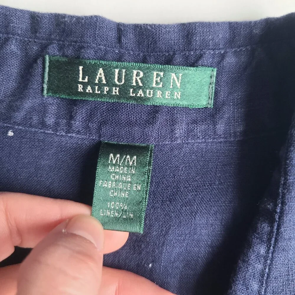 Lauren Ralph Lauren Navy Blue Linen Long Sleeve Button Down Shirt Size Medium - Picture 7 of 13